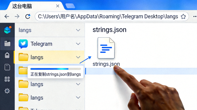 将strings.json文件复制到Telegram的langs文件夹内的操作截图