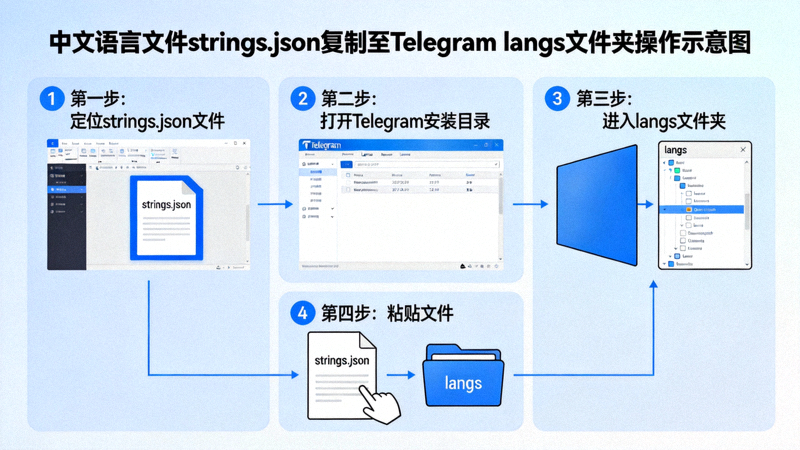 将中文语言文件strings.json复制到Telegram的langs文件夹内的操作示意图