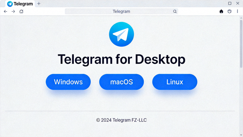 Telegram官方网站桌面版下载页面截图，显示Windows、macOS和Linux的下载按钮