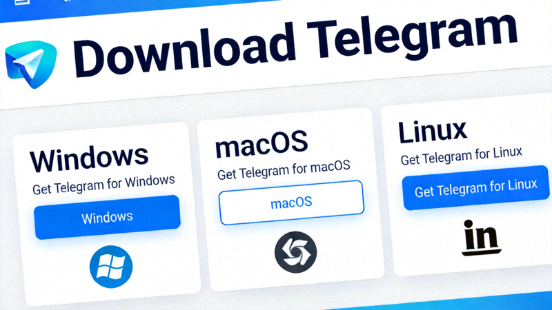 Telegram官方网站下载页面截图，展示Windows、macOS和Linux版本选择区域