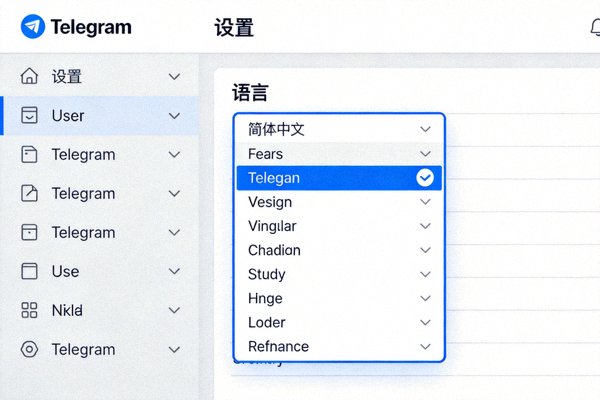Telegram桌面版设置界面截图，高亮显示语言选择下拉菜单，其中选中了简体中文选项