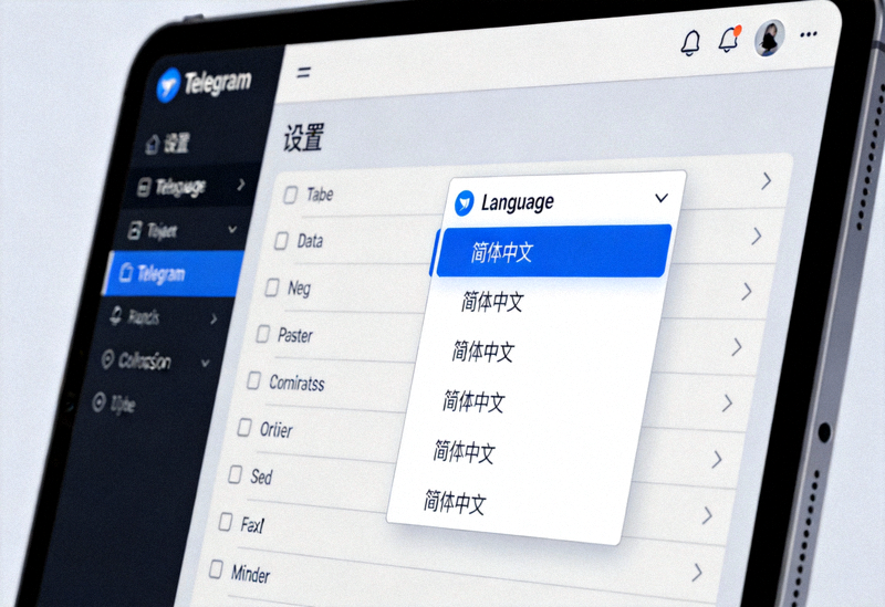Telegram桌面版设置界面截图，高亮显示Language选项及下拉菜单中的简体中文选项