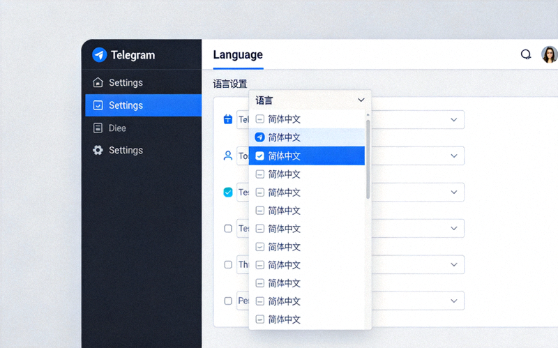 在Telegram桌面版设置中选择简体中文语言选项的界面截图
