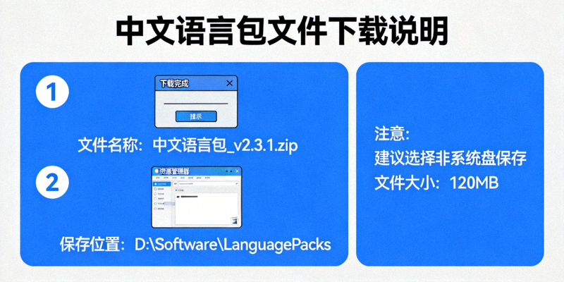 中文语言包文件下载说明示意图，显示文件名称和保存位置